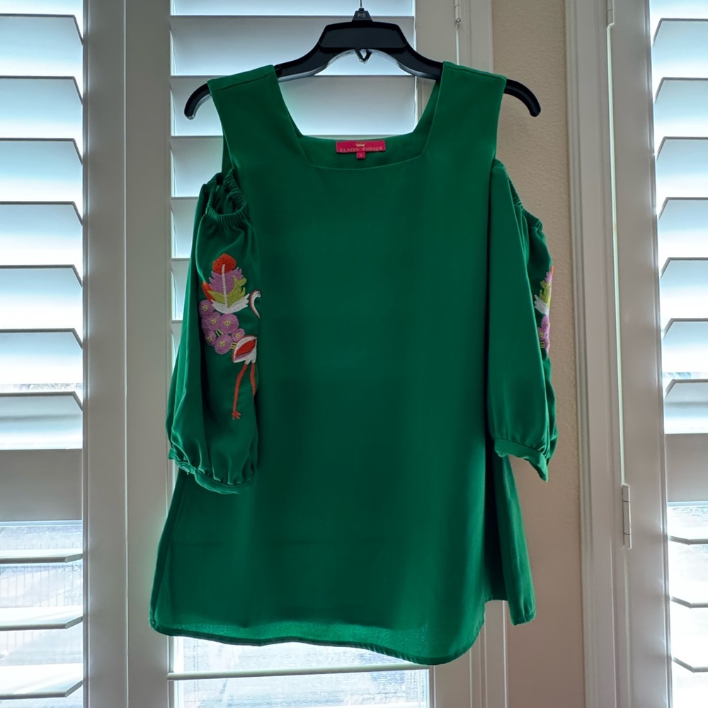 Elaine Turner Tropical Green Embroidered Cold Shoulder Blouse Size Small